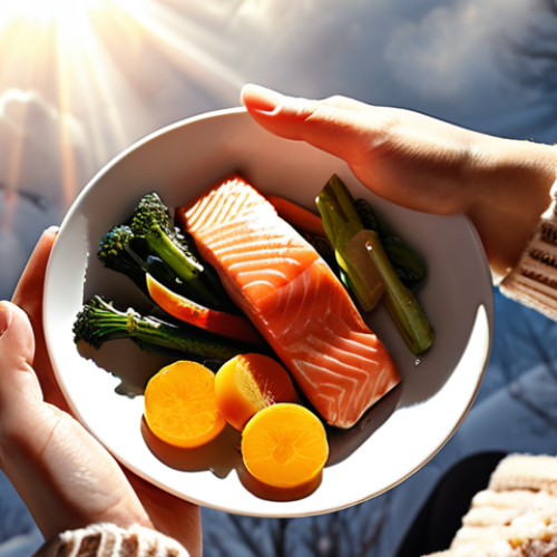 Home 11 **
"Cozy winter scene, person holding a capsule of Vitamin D, sunlight breaking through clouds, plate of salmon with vegetables, representing healthy eating for winter blues. Warm, inviting atmosphere."
**