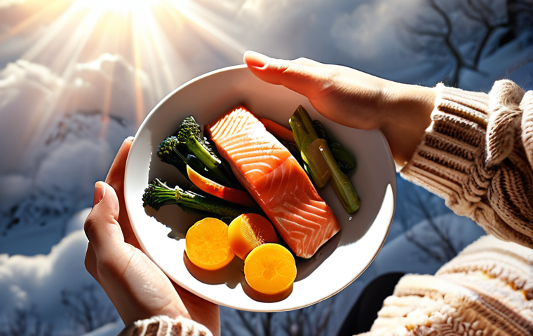 **
"Cozy winter scene, person holding a capsule of Vitamin D, sunlight breaking through clouds, plate of salmon with vegetables, representing healthy eating for winter blues. Warm, inviting atmosphere."
**