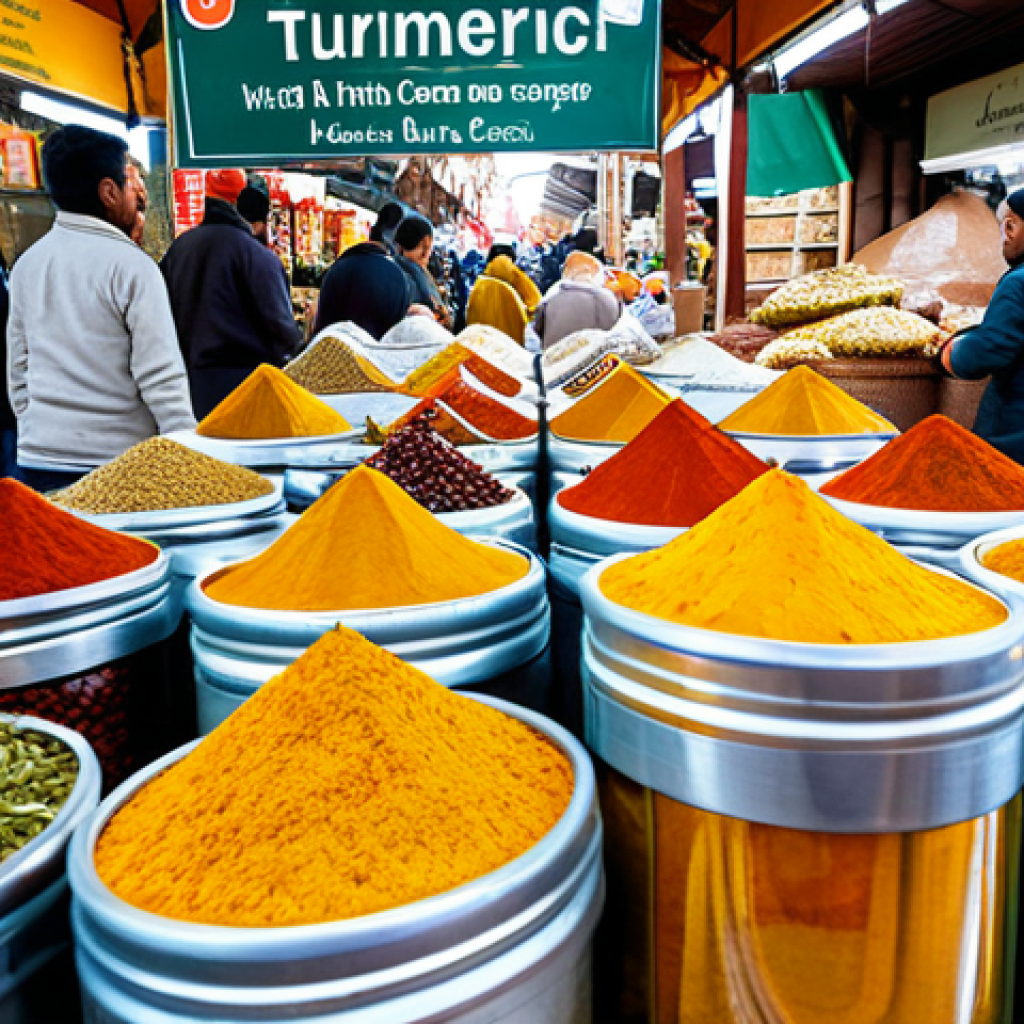 자연식품을 통한 뇌 건강 관리 - Colorful Spice Market**
"A vibrant, bustling market stall overflowing with colorful spices like tur...