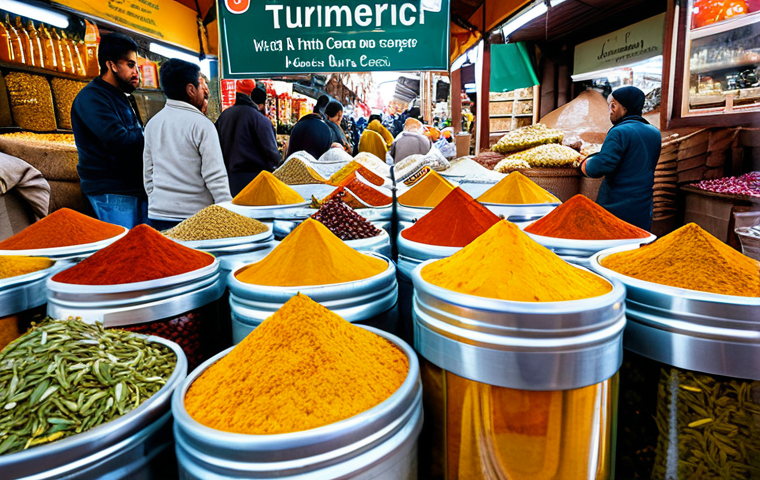 자연식품을 통한 뇌 건강 관리 - Colorful Spice Market**

"A vibrant, bustling market stall overflowing with colorful spices like tur...