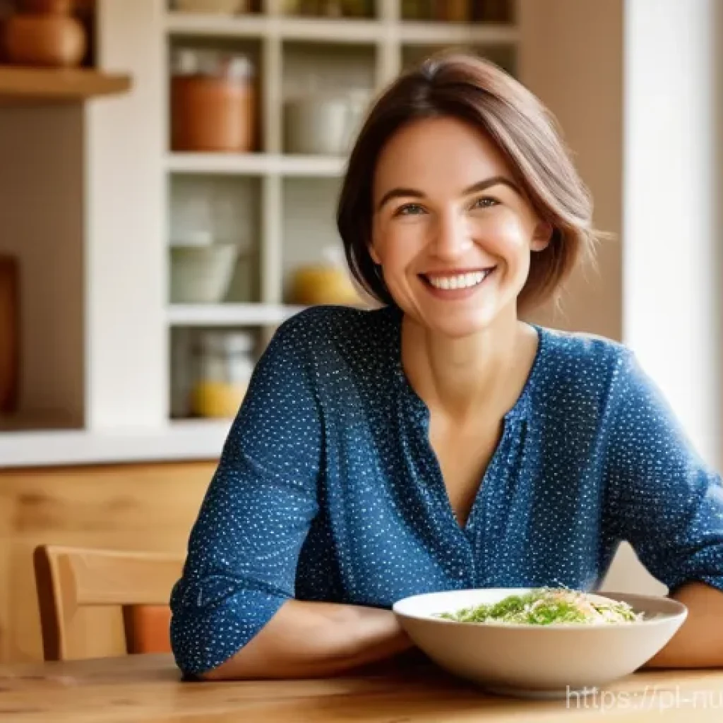 정신적 웰빙을 위한 식단의 변화 - A cheerful Polish woman, approximately 30-40 years old, with a bright, genuine smile, sitting at a s...