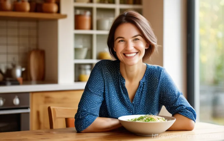 정신적 웰빙을 위한 식단의 변화 - A cheerful Polish woman, approximately 30-40 years old, with a bright, genuine smile, sitting at a s...