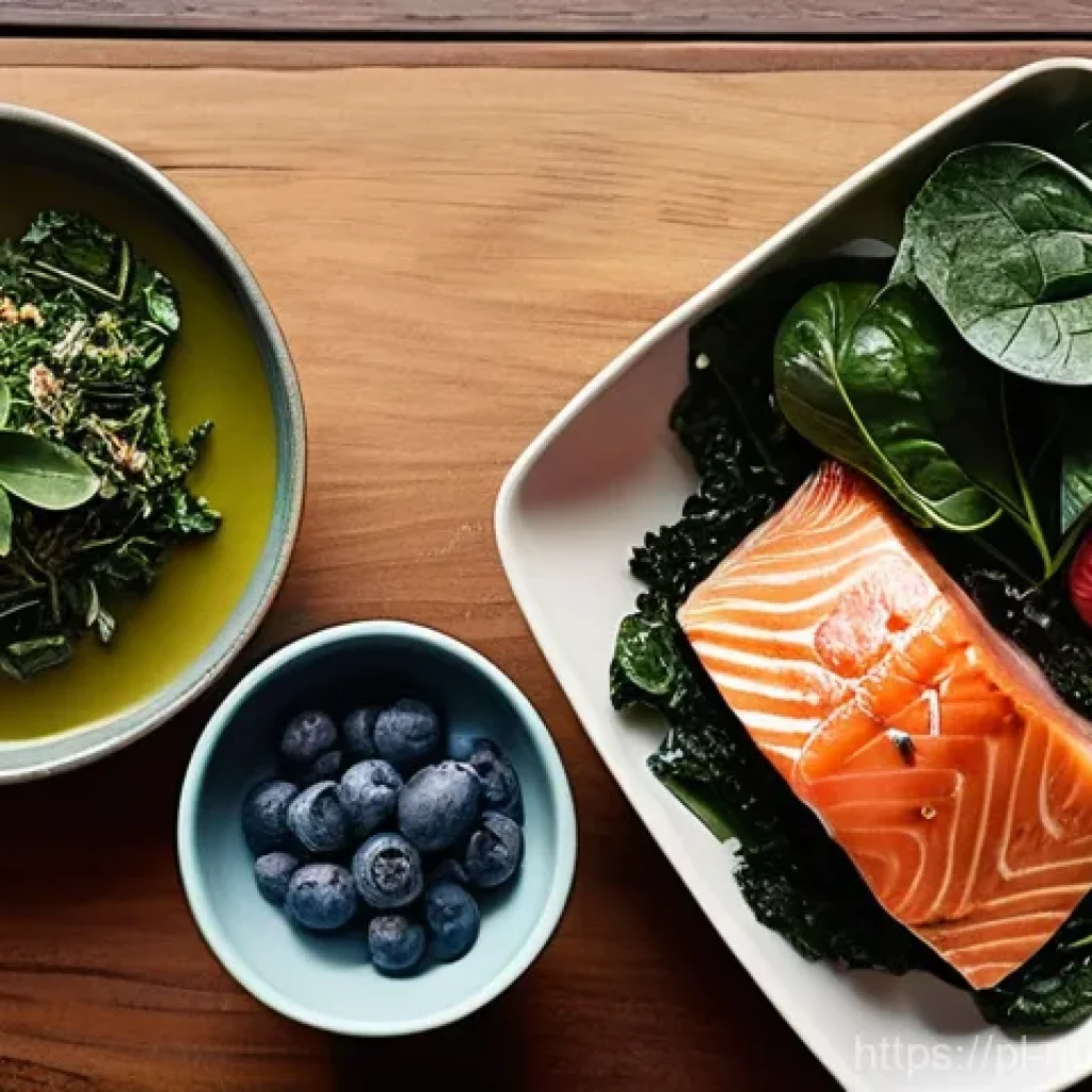 뇌 건강을 위한 영양소 연구 동향 - **A balanced meal for optimal brain health, with a serene backdrop.**
A beautifully composed, vi...