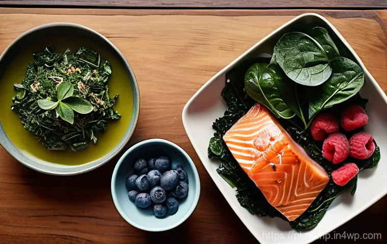 뇌 건강을 위한 영양소 연구 동향 - **A balanced meal for optimal brain health, with a serene backdrop.**
A beautifully composed, vi...