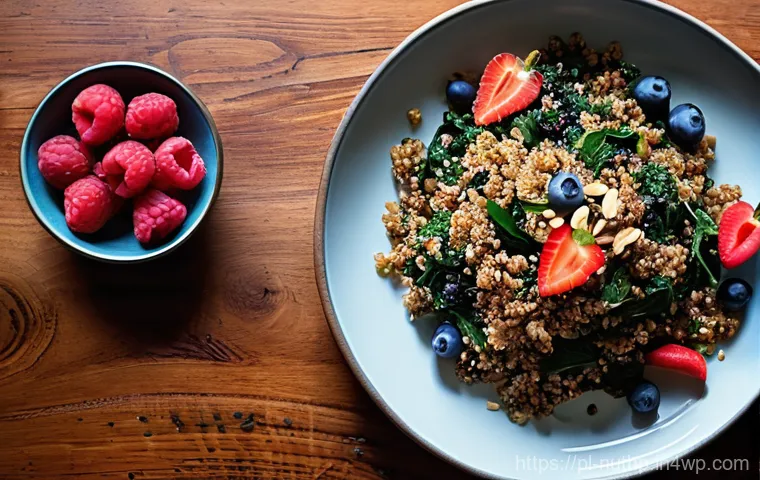 뇌 건강을 위한 식사 요리법 채식주의자 편 - **Vibrant Plant-Based Brain Food Feast:** A beautifully arranged, overhead shot of a diverse, colorf...
