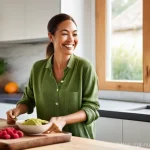 스마트한 식단  뇌 건강을 위한 팁 - **Prompt:** A vibrant, sunlit kitchen scene. A fit, healthy woman in her late 30s, dressed in comfor...