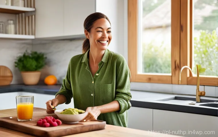 스마트한 식단 뇌 건강을 위한 팁 - **Prompt:** A vibrant, sunlit kitchen scene. A fit, healthy woman in her late 30s, dressed in comfor...