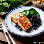 지속 가능한 식습관이 뇌 건강에 미치는 영향 - A vibrant and detailed still life composition showcasing a healthy brain-boosting meal inspired by P...