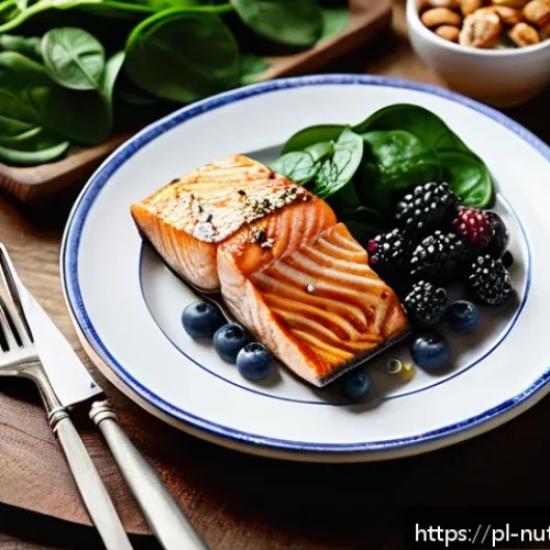 지속 가능한 식습관이 뇌 건강에 미치는 영향 - A vibrant and detailed still life composition showcasing a healthy brain-boosting meal inspired by P...