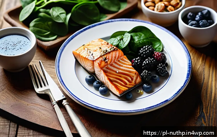 지속 가능한 식습관이 뇌 건강에 미치는 영향 - A vibrant and detailed still life composition showcasing a healthy brain-boosting meal inspired by P...