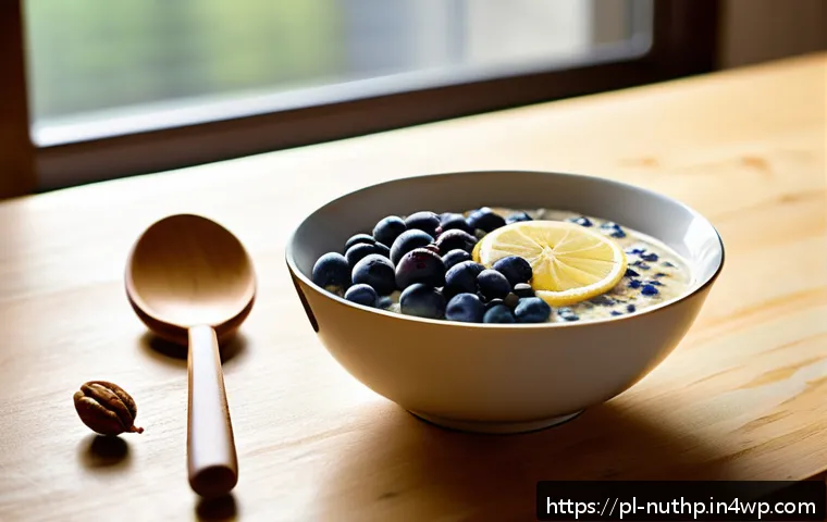 정신적 피로 회복을 위한 식사 아이디어 - A bright and inviting breakfast scene featuring a bowl of creamy oatmeal topped with fresh blueberri...